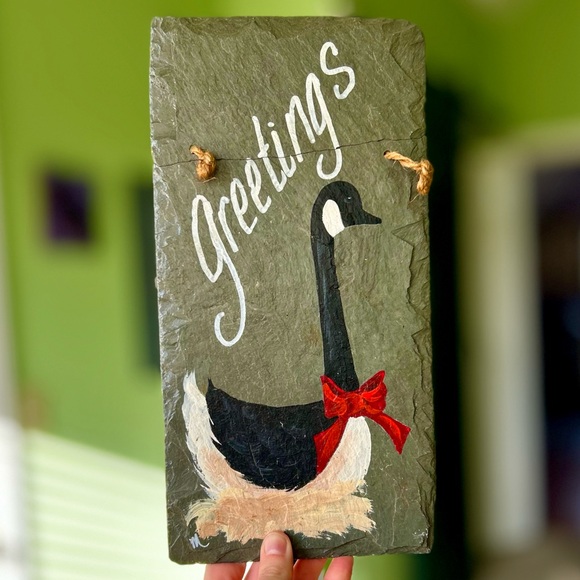 Other - VTG Painted Cottagecore Farm Stone Goose With Red Bow Welcome Plaque Wall Sign